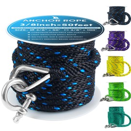 Premium Anchor Rope 50 ft x 3/8 inch, Solid Braid MFP Anchor Line Boat Rope Marine Rope,Boat Anchor Rope with Thimble & Shackle - Black/Blue