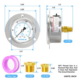 MEANLIN MEASURE 0~200Psi Liquid Filled Pressure Gauge Front Flange Panel Mount, 1/4" NPT 2.5" FACE DIAL Stainless Steel Case with Phillips Screw and Nut, +/-3-2-3%