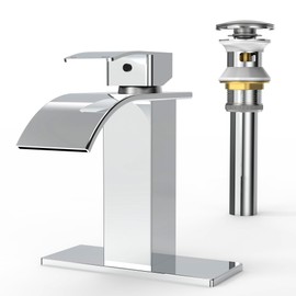 RUACQ Waterfall Bathroom Faucet,Single Handle Bathroom Sink Faucets for 1 or 3 Hole, Stainless Steel Washbasin Mixer Tap with Deck,Pop-up Drain and Supply Hoses (Chrome)