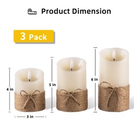 AKU TONPA Flameless Candles Battery Operated Pillar Real Wax Electric LED Candle Gift Set with Remote Control and Timer, 4" 5" 6" Pack of 3 (Ivory Wax with Hemp Rope)