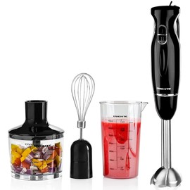 OVENTE Immersion Hand Blender, 300W Electric Handheld Portable Stick Mixer Set with 2 Mixing Speed, Stainless Steel Blades, Egg Whisk Attachment, Mixing Beaker and BPA-Free Food Chopper, Black HS565B