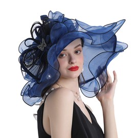 Go Mai - Sombreros de organza para mujer, diseño de mariposa, con ala ancha, para ocasiones y eventos, para el sol, para la iglesia de Kentucky, Marino, 56-58cm