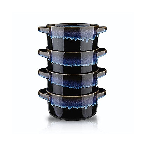 KOOV Porcelain Soup Bowls With Handles Microwave Safe, Soup Bowls Large, 24 Ounce for Soup, Cereal, Stew, French Onion Soup Bowls, Reactive Glaze Set of 4 (Nebula Blue)