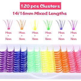 Pack of 120 Colourful False Eyelashes, Single Tuft, False Eyelashes, 6 Colours, Artificial False Eyelashes, Fans, Classic Eyelash Extension for DIY Custom False Eyelashes (14 mm + 16 mm)