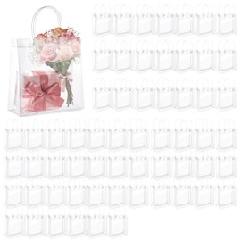 Limbeuuu 60 Pcs Clear Plastic Gift Bags with Handles Small Transparent PVC Reusable Tote Gift Bags for Shopping Wedding Favor(7.9 x 7.9 x 3.2 Inch)