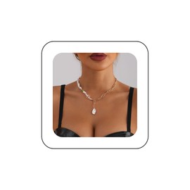 Allereya Vintage Pearl Pendant Necklace Irregular Pearl Choker Necklace Pearl Splice Chain Necklace Gold Paperclip Chain Necklace Jewelry for Women and Girls