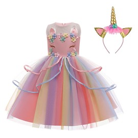 LZH Girls Unicorn Flower Dress Costume Cosplay Princess Birthday Party Dresses Up,3-4 Years,099-Pink