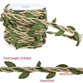 Eco-Friendly Wax Cord & Fabric Green Leaf Design Twine - 66ft Length for DIY Crafts, Gardening Decor, Artistic Projects, Home, Wedding & Party Decorate (Light Brown)