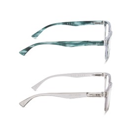 Rae Dunn "JUDY Blue Light Blocking Reading Glasses - 2 Pack w/READ MORE Signature Font Hard Case (Emerald Swirl Clear/Crystal Cool Grey, 2.0)