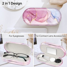 Fintie 2 in 1 Contact Lens Case and Eyeglasses Case, Double Sided Portable Contact Lens Travel Case with Built-in Mirror, Tweezer and Contact Lens Solution Bottle Included, Dreamy Marble