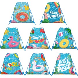 KERINGO 16 PCS Pool Party Bags Drawstring String Bag Backpack Goody Favor Gift Bags Beach Shark Tropical Theme Party Supplies for Summer Pool