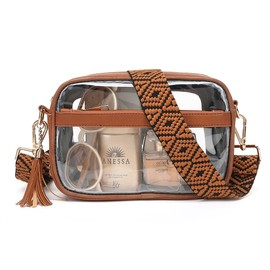 LOXOMU Clear Stadium Bag for Women, Small Clear Crossbody Bag Stadium Purse with Guitar Strap, Cute Transparent Shoulder Handbag Clear Bag for Stadium Events, Concerts (Brown)