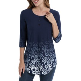 BAISHENGGT Women's 3/4 Sleeve Tunic Tops Floral Print Casual Flare Swing Blouse Buttons Up T Shirts Dark Blue Floral M