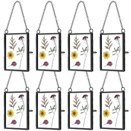 Landhoow 8 Pcs Double Glass Frame for Pressed Dried Flowers 3.5 x 2.5 Inch, Hanging Floating Picture Frames Metal Plant Vertical Photo Display Decor Christmas Tree Ornaments(Black)