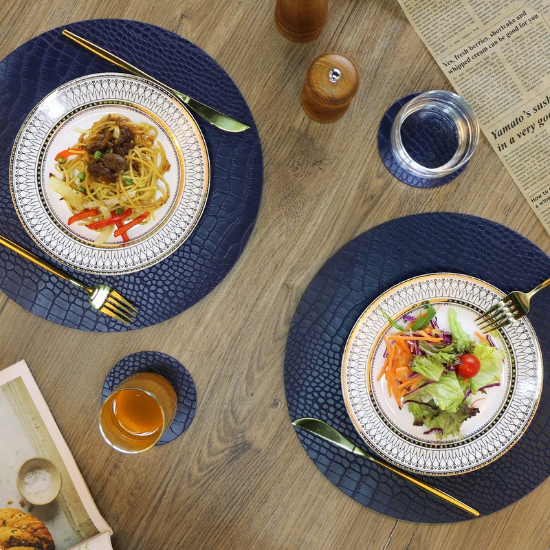 Round Leather Placemats for Round Tables Set of 6, Blue