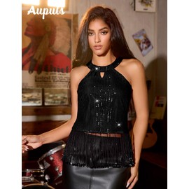 Aupuls Halter Sequin Tops for Women Metallic Fringe Womens Disco Outfit for Country Rock Concert AUPG027 Black 2XL