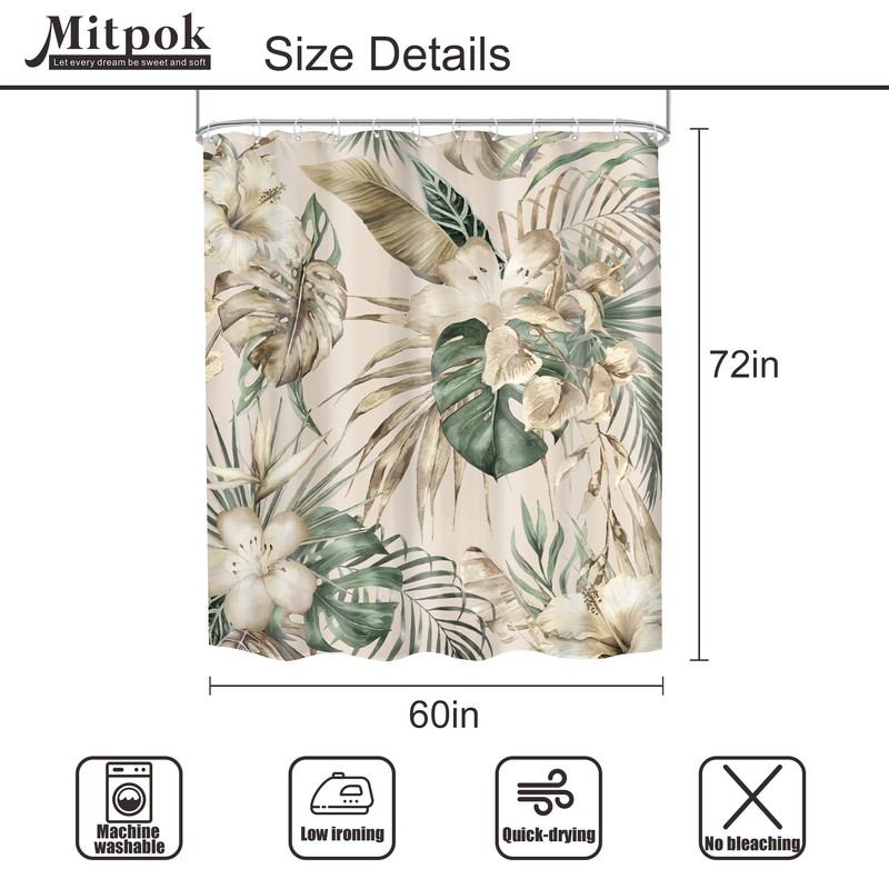 Mitpok Summer Tropical Leaves Shower Curtain 60Wx72H Green Palm Floral