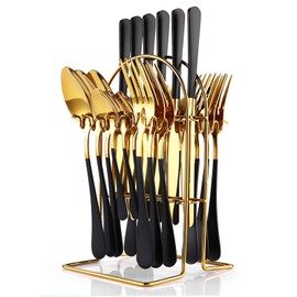 24 Pieces Flatware Set, Caliamary Stainless Steel Flatware Set with Silverware Holder Spoons Forks Knives,Utensils Set Service for 6,Gold Mirror Polished and Matte Pink Painted (Black)…