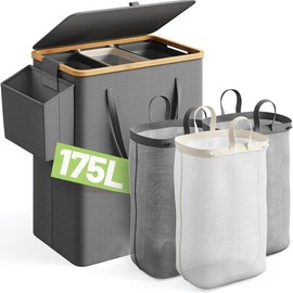 Raybee Furniture Laundry Basket with Lid, 160L-250L Laundry Hamper,2/3 Section Clothes Hamper, Hamper with Lid with Removable & Washable Bags Collapsible Hampers for Bedroom, Aesthetic for Bathroom - Color: Black-170L