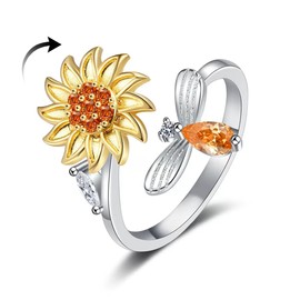 Ecexplore Sunflower and Honeybee Fidget Ring for Women Anxiety Stress Relieving Open Adjustable Ring Spinner Fidget Ring Set Relief Spinning Rings for Adults (sunflower)