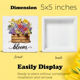 Spring Decor Floral Bloom Wooden Sign, Farmhouse Spring Desk Decorations Wood Plaque Block Sign Rustic Home Decor 5 x 5 Inches