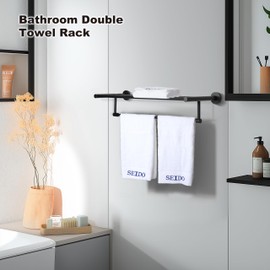 SEIDO Double Towel Racks for Bathroom 24”L, Black Towel Holder, 304 Stainless Steel Bathroom Shelf with Single Towel Bar, Matte Black, 24 Inch