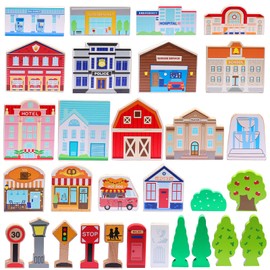 SainSmart Jr. 30 Pcs Wooden Town Play Set, Wooden Train Accessories, Community Helpers Toys for Preschool Learning | Includes Buildings, Traffic Signs and Trees | Gift for Boys and Girls