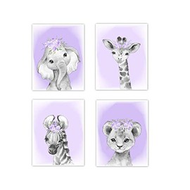 Baby Girl Nursery Wall Art Purple Floral Crown Safari Animals Elephant Giraffe Lion Zebra Decor 4 UNFRAMED PRINTS