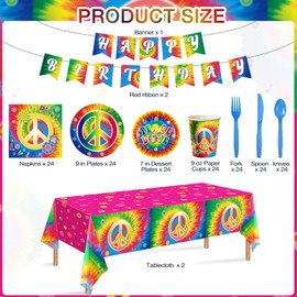 172 Pcs Tie Dye Birthday Party Supplies Serves 24, 60's Hippie Theme Party Decorations Happy Birthday Banner Tie Dye Tablecloth Peace Love Plates Napkins Tableware Set for 60s Hippie Groovy Party