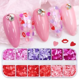 12 Grids Valentines Nail Art Glitter Sequins 3D Holographic Heart Nail Glitter Flakes Red Pink Purple Design Red Lips Sequins Decorations for Women DIY Manicure Supplies