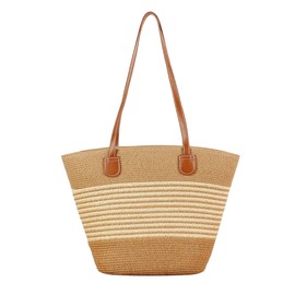 Faletony Straw Beach Bag Braided Bag Women's Shoulder Bag Straw Bag Large Shoulder Bag Summer Shopper Handbag Basket Bag for Beach Travel Shopping, White stripes