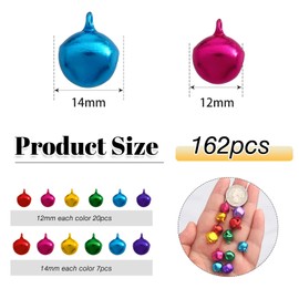 TOAOB Pack of 162 Christmas Bells 12 mm 14 mm Colourful 6 Colours Metal for Jewellery Making Mini Decoration for Christmas Parties