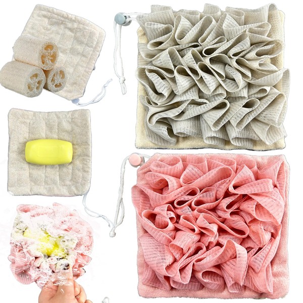 2 in 1 Washcloth Loofah Combo, Natural Loofah Sponge Exfoliating