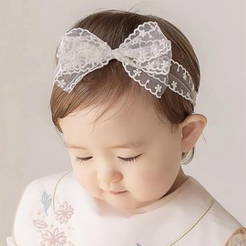 ICKEYOU Baby Girls Bow Lace Headband Cute Pink Soft Hairband White Butterfly Knot Headbands for Newborn Infants Toddlers Kids Christening Baptism Birthday Party Hair Accessories (Pure White)