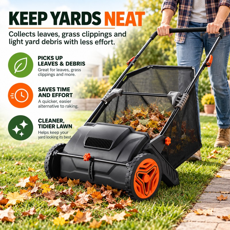 Push Lawn Sweeper for Leaf & Grass Cleanup – 21-Inch