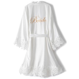 Women's Dressing Gown for Bride, Satin Bathrobe, Sleepwear with Golden Embroidery, Silky Nightdress for Wedding, Party, Pyjamas, Party and Leisure, White with lace trim