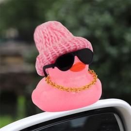 wonuu Car Dashboard Glitter Rubber Ducks, Festival Decorations Rubber Ducky for Car Ornament Cute Duck with Knit Hat, Glasses, Necklace, Pink