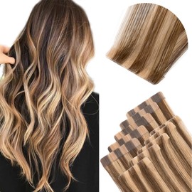 Elailite Injection Tape in Hair Extensions Human Hair - Invisible Skin Weft Remy Natural Real Hair Extension Straight 10 Pcs 20g - #4Y/27 Medium Brown Mix Dark Blonde - 14 Inch