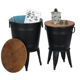 RUSTOWN Farmhouse Accent Side Table, Rustic Antique Galvanized End Coffee or Cocktail Table, Storage Metal Bin with Round Wood Lid Set of 2 (Black)