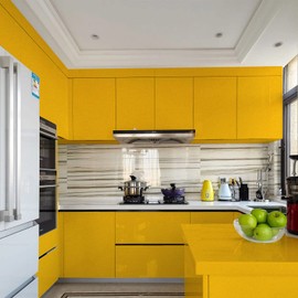 WADILE Peel and Stick Wallpaper, Shiny Contact Paper Solid Color Waterproof, Vinyl Colored Wall Paper Self Adhesive, Glossy Wallpaper Removable for Cabinets (Yellow, 23.6in * 236.2in)