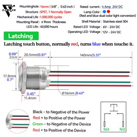 16mm Touch Switch Latching Push Button Switch 5V 6V 12V 24V DC Stainless Steel 304 Waterproof IP66 Red and Blue LED Light Dual Color Light