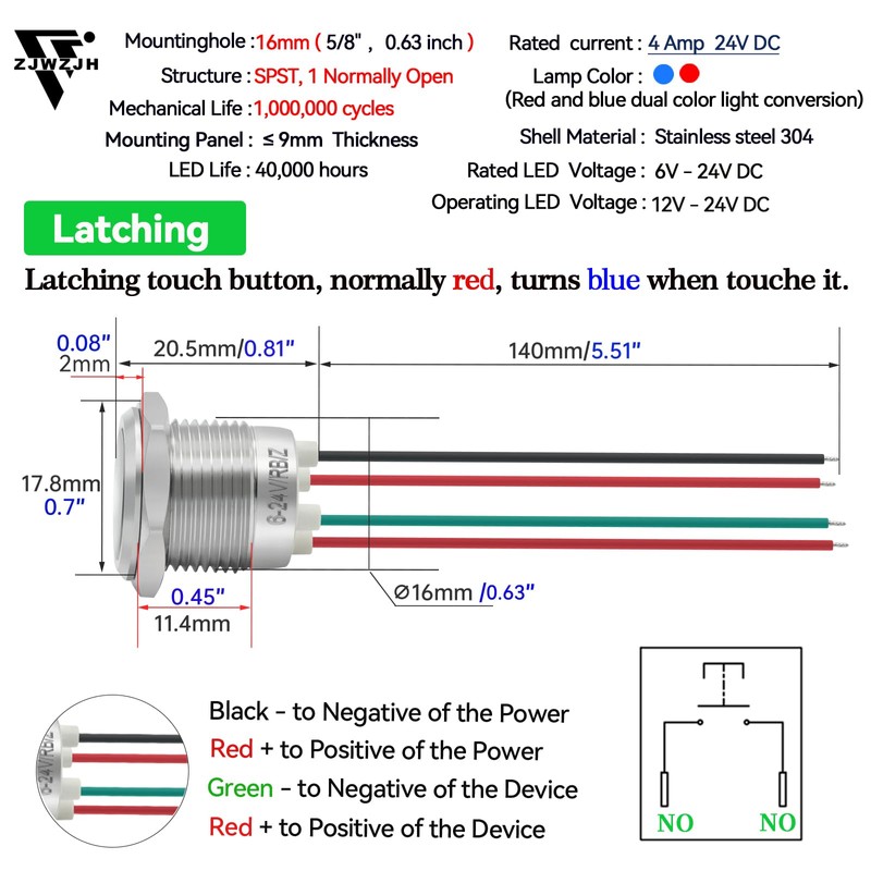 16mm Touch Switch Latching Push Button Switch 5V 6V 12V