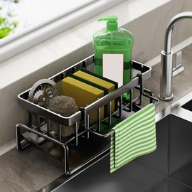 Slim Kitchen Sink Organiser, Durable Kitchen Organiser, Stainless Steel, Removable Dish Cloth Holder, Sink Organiser, Sink Organiser with Drip Tray, Black Kitchen Sponge Holder for Cloths (Black)