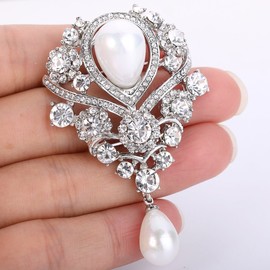 EleQueen Women's Silver-tone Austrian Crystal White Simulated Pearl Teardrop Bridal Brooch Clear