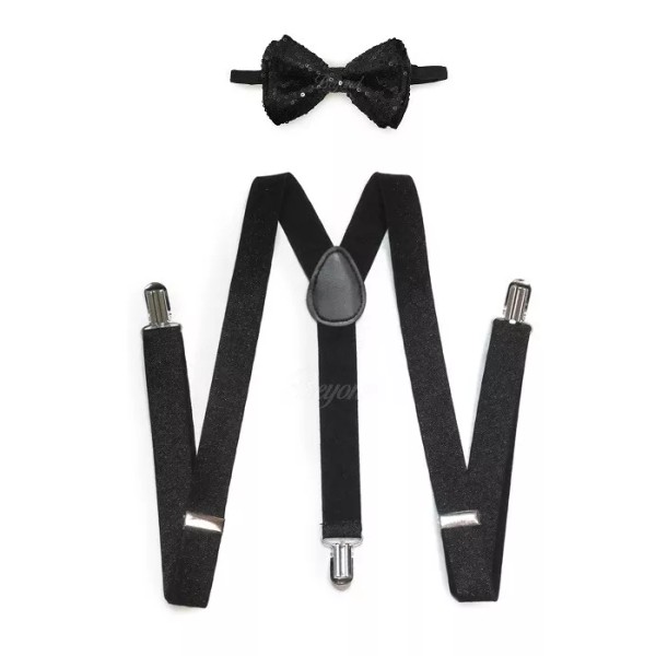 Unbranded Black Sequin Bow Tie & Black Glitter Suspender High