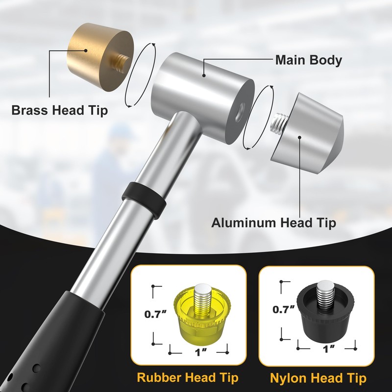 Marketty Nylon and brass multifunctional hammer, 4 interchangeable tips, 25mm