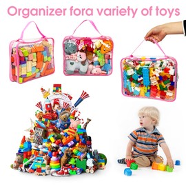 Toy Zippered Blocks Set Storage Bags for boy girls - 4PC Large PVC Storage Organizer Bags with Mesh Side Pockets for Puzzle, Clay, Book, Small Models and Mini Plush Toys, L: 9”x3”x11.8” (Pink)