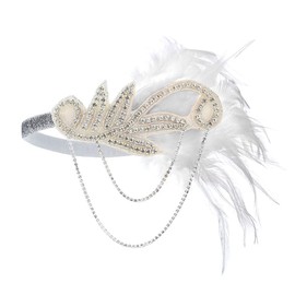 aoozleny 1920s Feather Headwear, Musical Note Diamond Chain Headpiece, Roaring 20s Great Gatsby Headpiece Hair Accessories for Women (White)