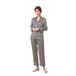THXSILK Silk Women's Pajama 2-Piece Set Medium Size, 6A Pure Mulberry Silk Soft Luxury V Neck Black Striped Long Sleeve Tops Nightwear with Long Pants