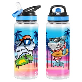 Home Tune Cute Water Bottle for School Boys, BPA FREE Tritan & Leak Proof Flip Straw & Easy Clean & Carry Handle, 23oz/ 680ml (Skateboard Shark)